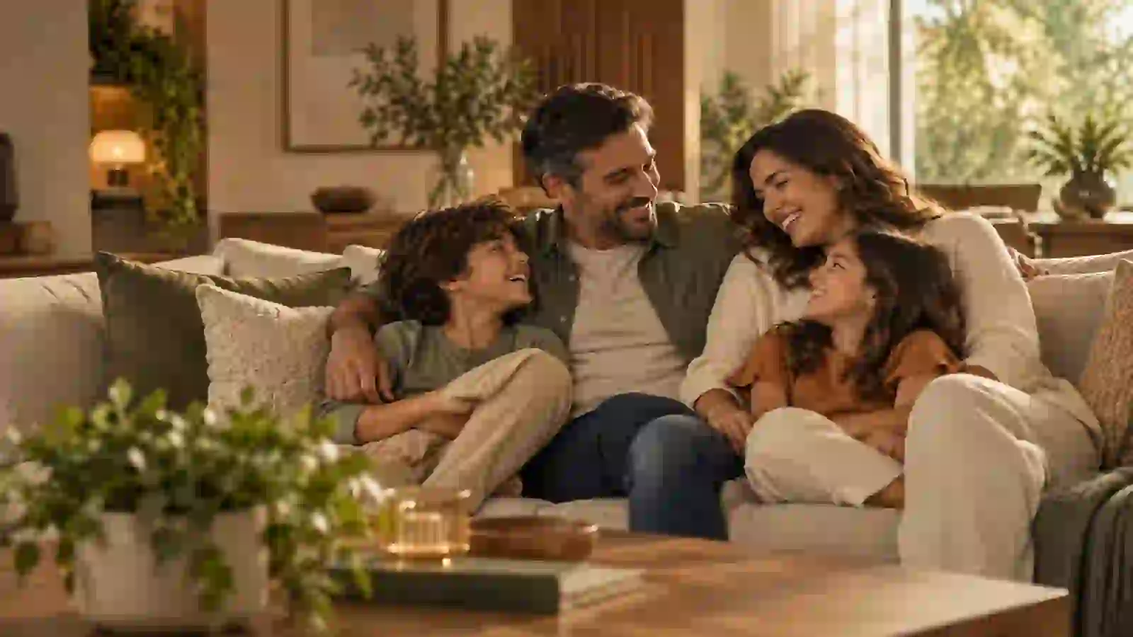 Família sorrindo no sofá de casa
