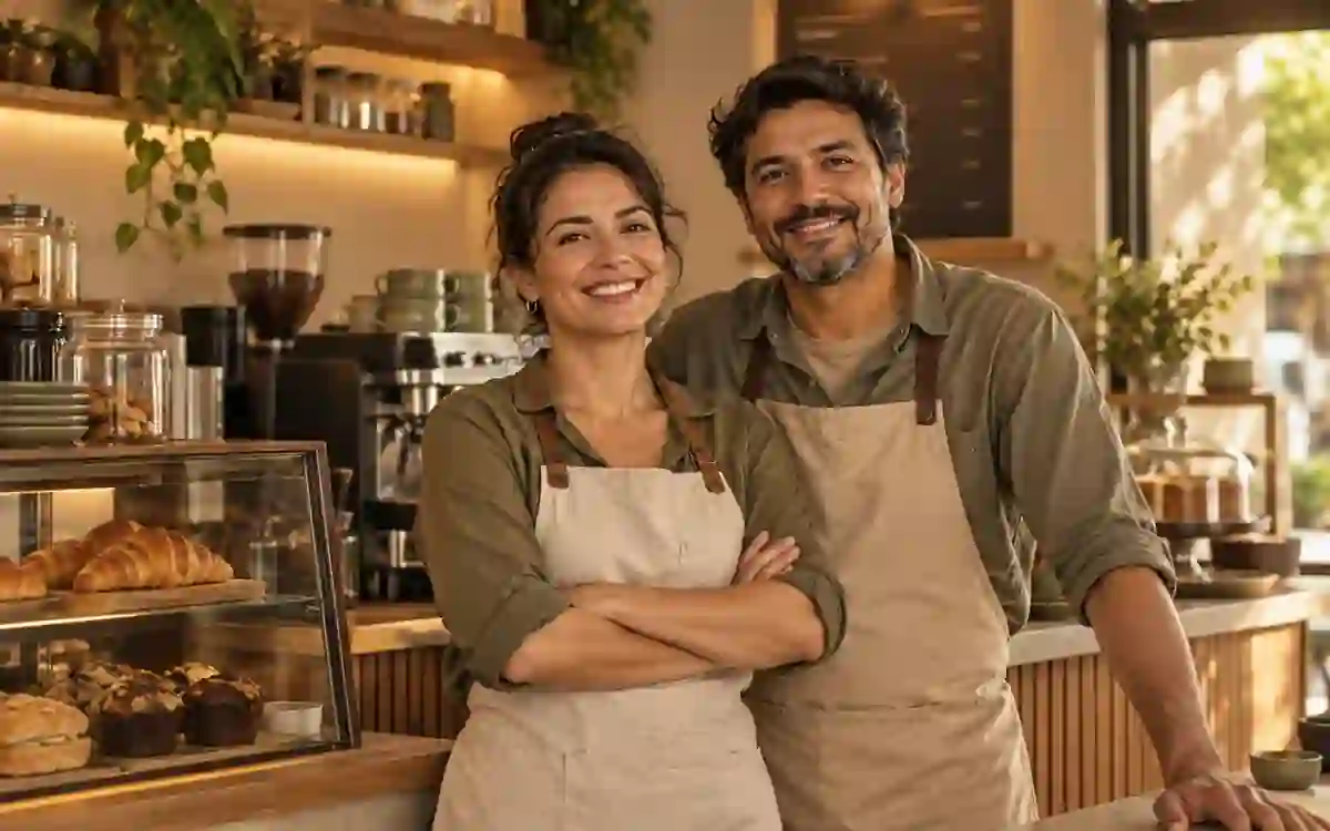 Donos de uma pequena cafeteria no próprio negócio